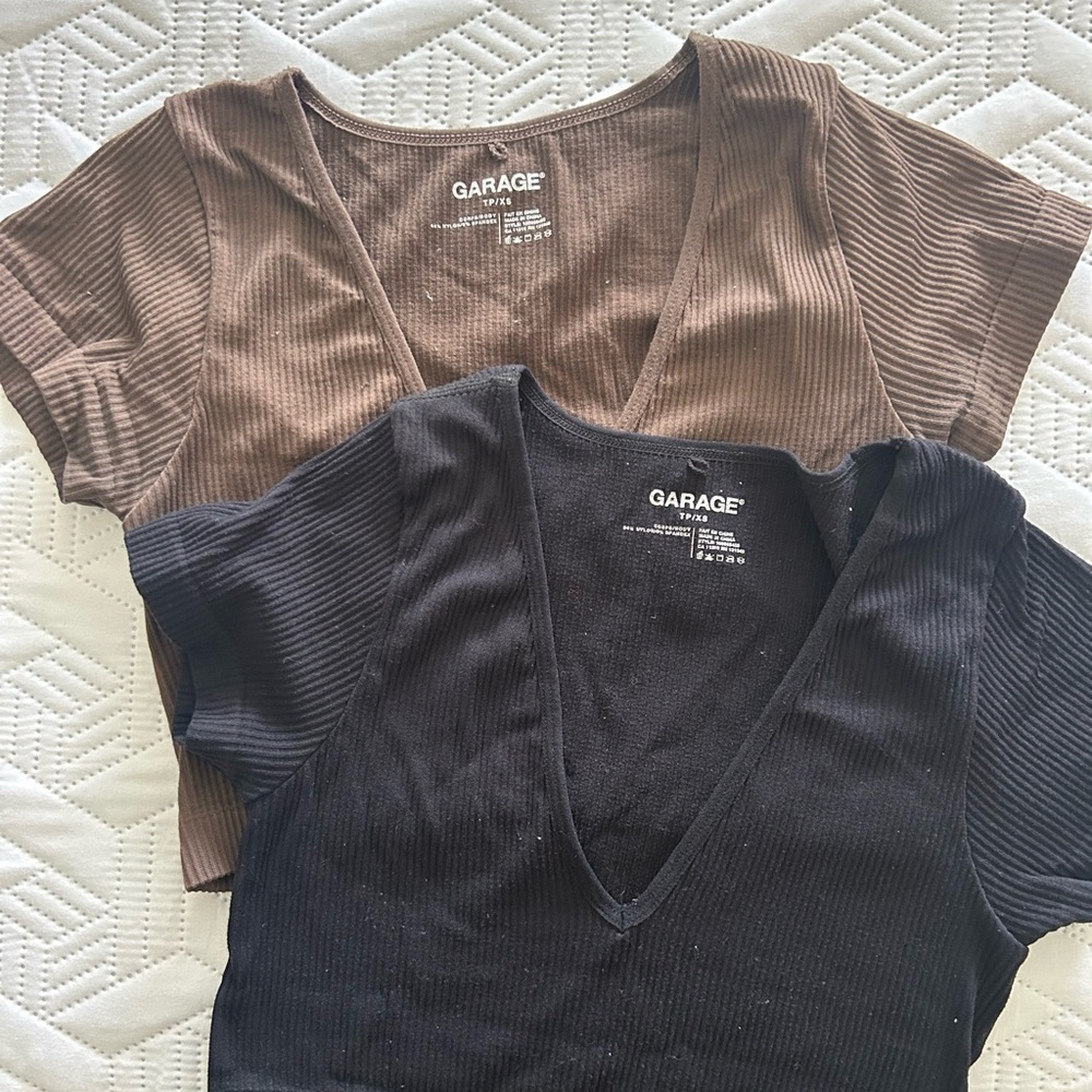 Garage Women's Ribbed V-Neck Crop Tops - Black and Brown